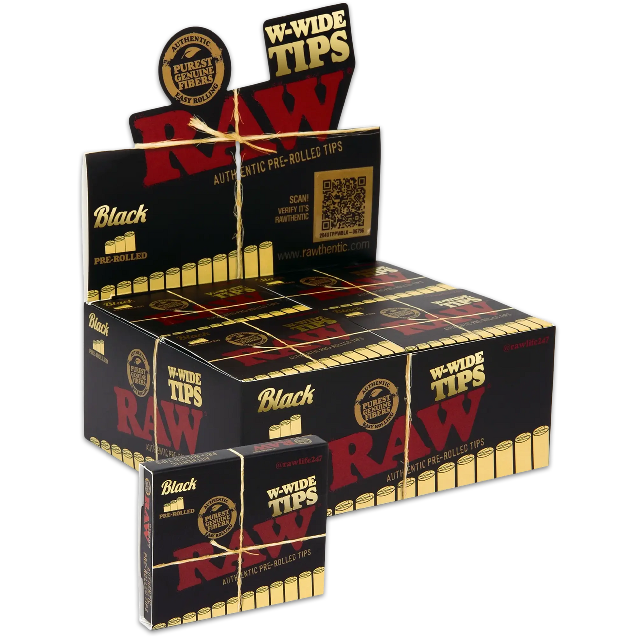raw-black-w-wide-tips-box-with-single-pack__10970 RAW® - Black W-Wide Pre-Rolled Tips - Image 1